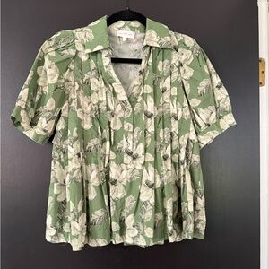 Entro Green Floral Pleated Button-Front Blouse